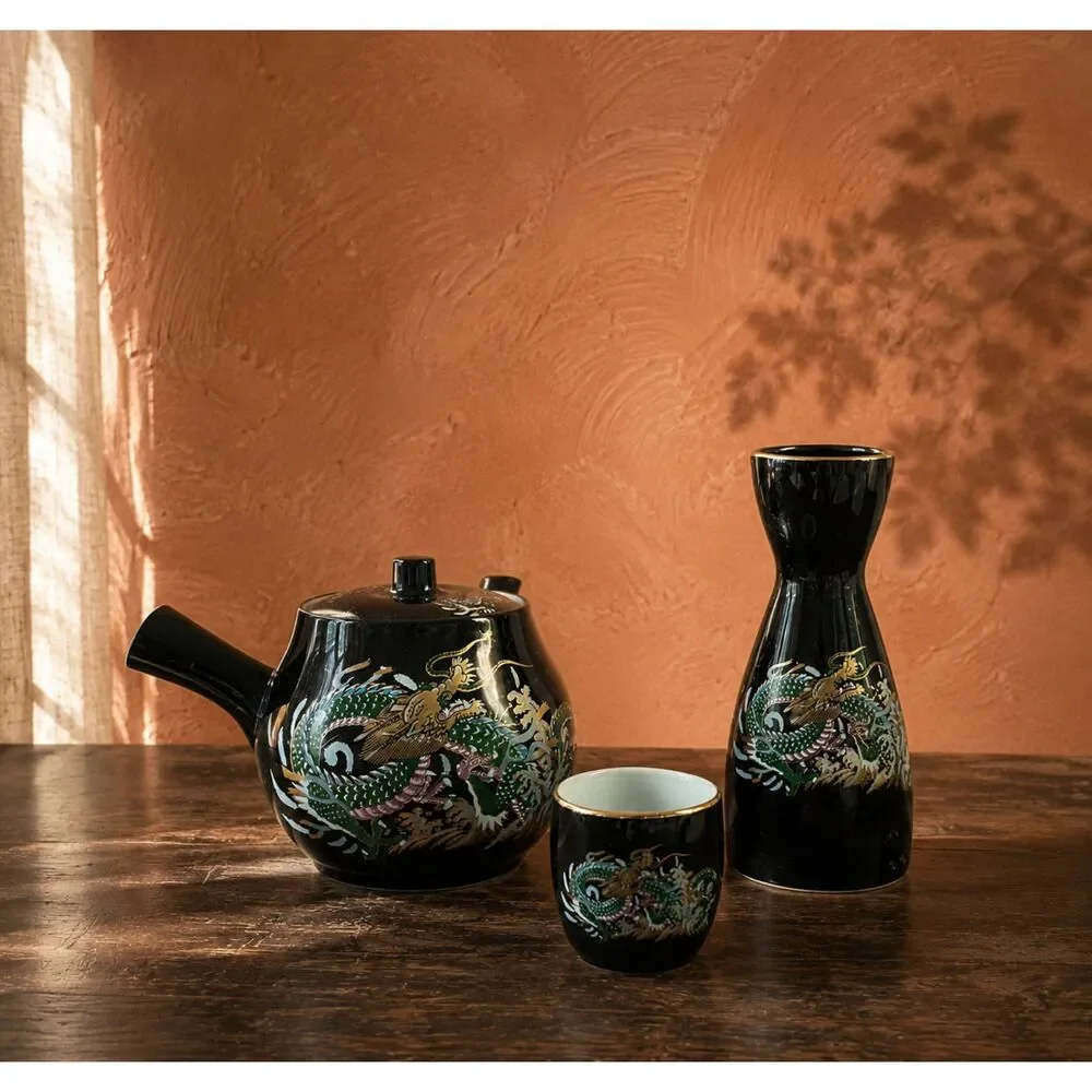 Vintage Japanese Dragon Tea Set Porcelain Teapot Sake Bottle Cup Moriage Style